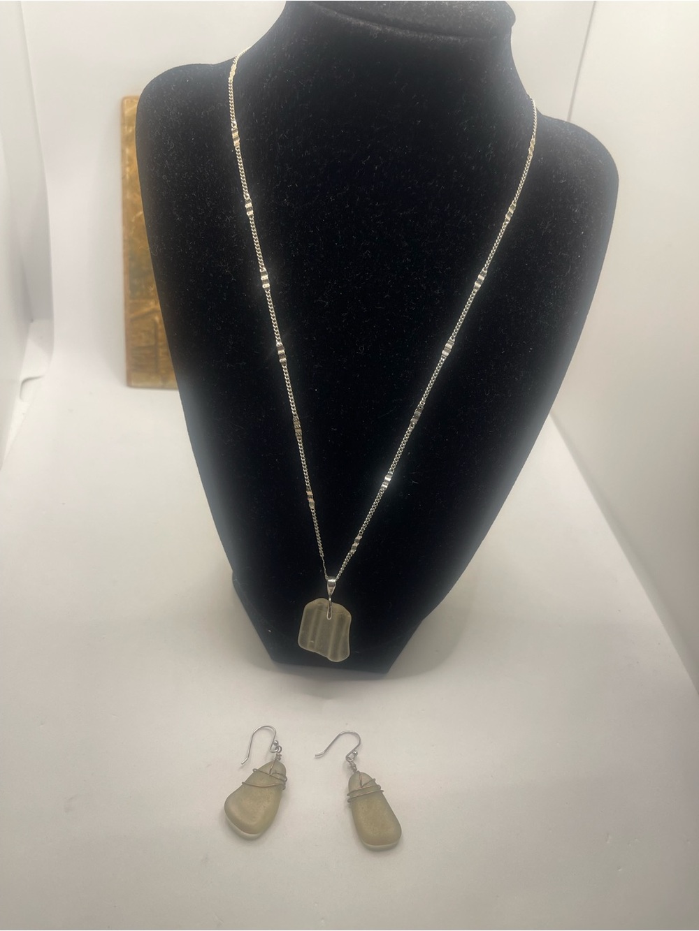 Handmade Beige Sea Glass Necklace & Earring Set - Minimalist Beach Jewelry